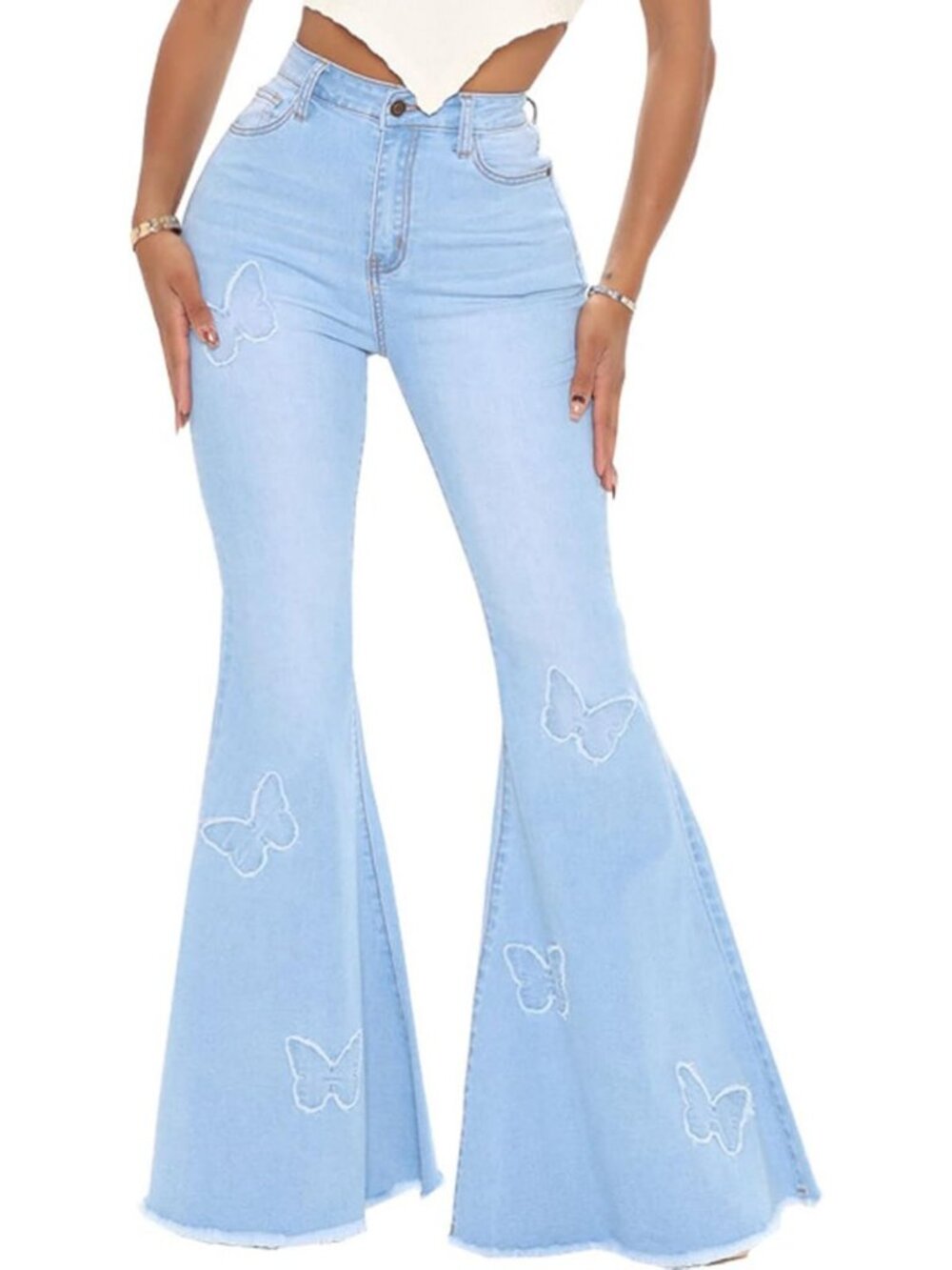 High-Waisted Butterfly Embroidered Bell Bottom Jeans | Flared Raw Hem Denim